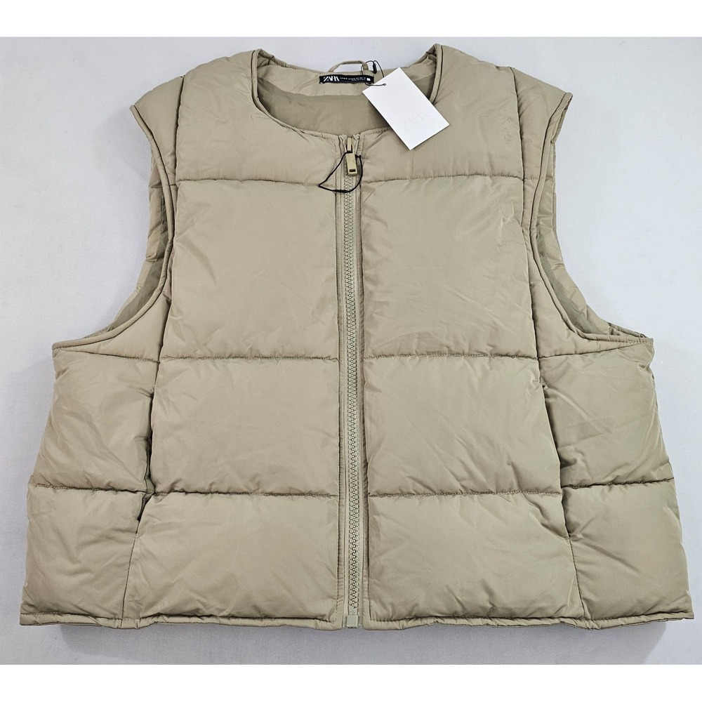 Zara Mens Puffer Vest Jacket Beige S/M Pockets Zip 3833/600/704 NEW